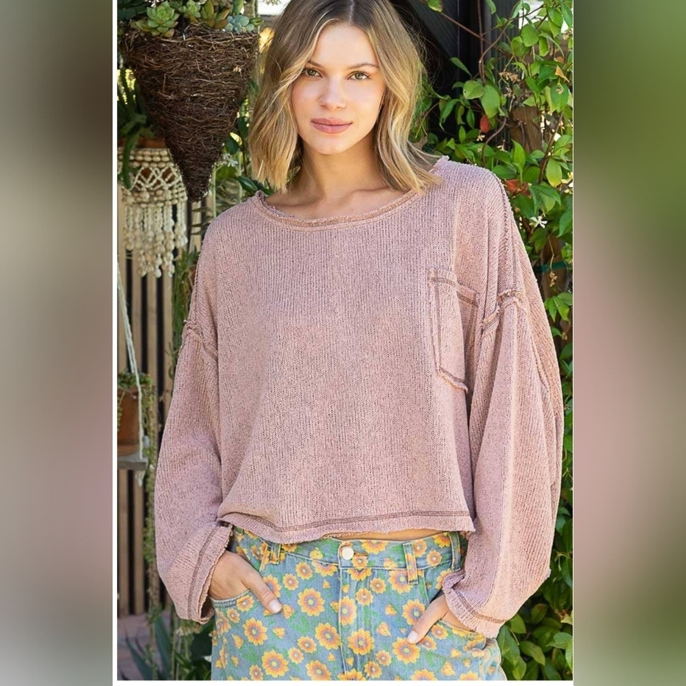 POL Round Neck Chest Pocket Cut Sew Sweater Knit Top